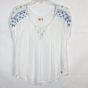 Hollister Embroidered Floral Peasant Womens Top XS Gauzy Fairy Chic Beach Flowy